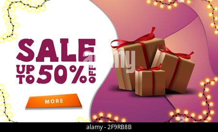 Sconti, fino a 50 di sconto, banner rosa sconto Foto Stock