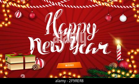 Felice anno nuovo, biglietto d'auguri orizzontale rosso con belle scritte, decorazioni natalizie, libri, palla di Natale e cono Foto Stock