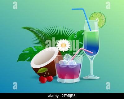 Cocktail estivi decorati con fiori, ciliegie, foglie tropicali, cocco, lime, e estrae l'illustrazione vettoriale dei cartoni animati. Rinfrescarsi bevande alcoliche con cubetti di ghiaccio in vetreria da bar. Illustrazione Vettoriale