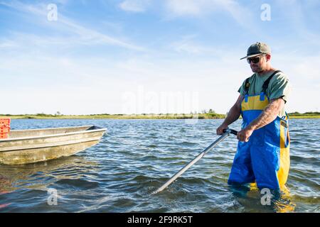 Uomo che lavora sull'acqua nella fattoria di ostriche di acquicoltura Foto Stock