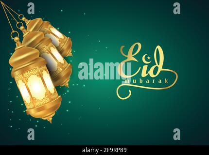 EID Mubarak festival , bellissimo biglietto d'auguri e sfondo verde e lanterna araba ornamentale appesa con luce bruciante che si illumina ad angolo. Vettore Illustrazione Vettoriale