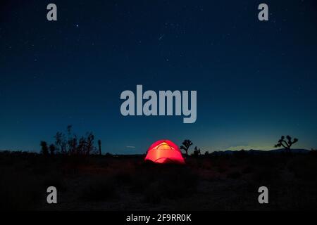 tenda da campeggio illuminata nel deserto sotto il cielo stellato Foto Stock