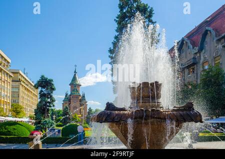 Una fontana nel mezzo della piazza della vittoria - piata victoriei - in rumeno timisoara è un popolare punto di incontro per la popolazione locale. Foto Stock