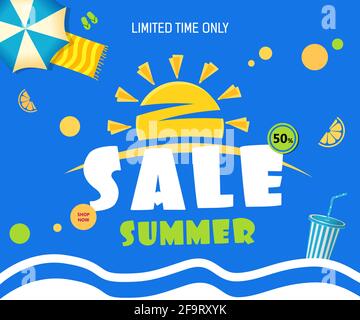 Bright Vendita modello banner blu con sole estivo. Testo vendita Estate, 50 sconto alba di sole giallo su sfondo blu. Offerta speciale di vendita. Illustrazione Vettoriale