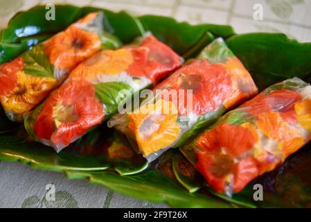 Involtini primaverili freschi da giardino pieni di fiori commestibili di nasturzio colorati, menta, tagliatelle di riso e tofu, piatto di servizio verde sul tavolo, Wisconsin, USA. Foto Stock