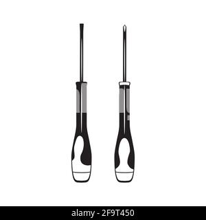 Silhouette nere dell'attrezzatura cacciavite. Elettricista, addetto alla costruzione e riparatore utensile manuale, illustrazione vettoriale. Illustrazione Vettoriale
