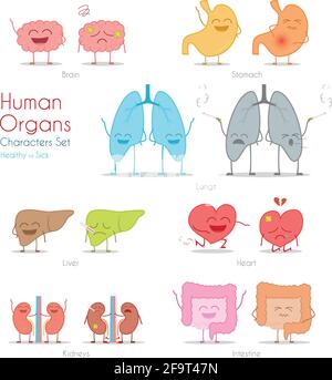 Insieme di organi umani sani e malati in stile cartoon. Illustrazione Vettoriale