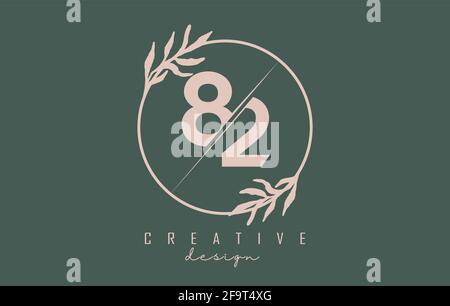 Numero 82 8 2 Logo con cornice circolare e foglie pastello. Illustrazione vettoriale arrotondata con foglia pastello per bellezza, moda, gioielli, lusso, natu Illustrazione Vettoriale