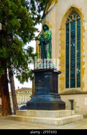 Il monumento di Urlich Zwingli nel centro di Zurigo Foto Stock