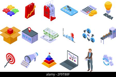 Set di icone marketing mix. Insieme isometrico di icone vettoriali di marketing mix per web design isolato su sfondo bianco Illustrazione Vettoriale