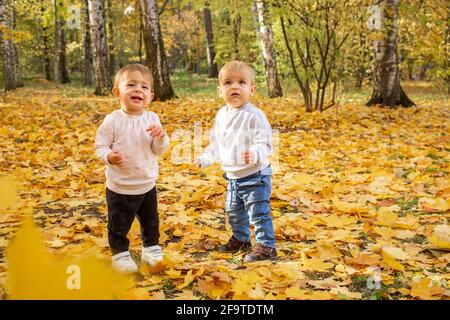 due bambini ridono sotto le foglie d'autunno che cadono. adorabili bambini nel parco d'autunno. autunno d'oro Foto Stock