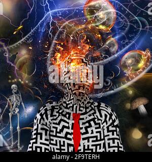 Uomo con testa bruciante. Sfondo dello spazio surreale. Rendering 3D Foto Stock
