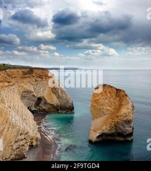 Sea,stack,Freshwater Bay, Tennyson Down,Isle of Wight,Inghilterra,Regno Unito, Foto Stock