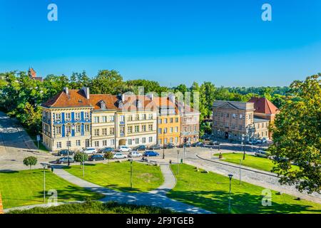 Case situate nel centro storico della città polacca di varsavia con il teatro Stara Prochownia. Foto Stock