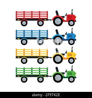 Trattore con rimorchio aperto, impostazione agricola isolata su sfondo bianco. Illustrazione Vettoriale