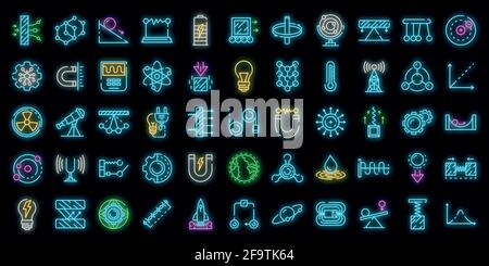 Set di icone fisiche. Contorno insieme di icone vettoriali di fisica colore neon su bianco Illustrazione Vettoriale