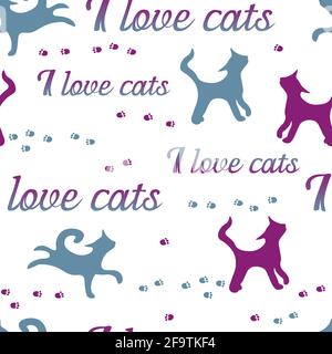 Iscrizione Io amo gatti, impronte e gatti senza cuciture modello Illustrazione Vettoriale