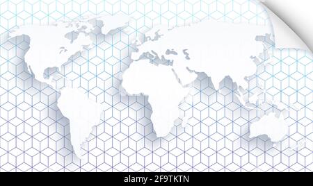 Mappa del mondo bianco trasparente su modello di cubi isometrici 3d bianchi moderni. Angolo della carta arricciato. Foto Stock