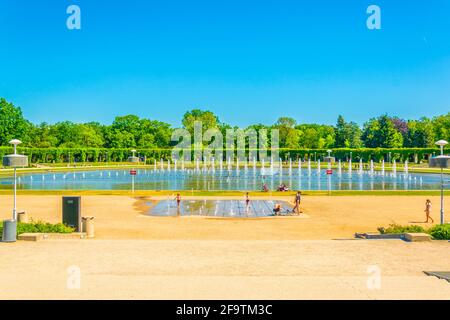 Wroclaw fontana multimediale di fronte alla sala Stulecia, Polonia Foto Stock