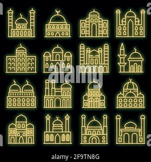 Set di icone della moschea. Contorno insieme di icone vettoriali moschea colore neon su bianco Illustrazione Vettoriale