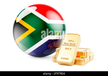 Lingotti d'oro con bandiera sudafricana. Concetto di riserve valutarie del Sudafrica. Rendering 3D isolato su sfondo bianco Foto Stock