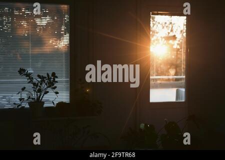 Primo piano dei raggi del sole al tramonto che attraversano finestrino della portiera Foto Stock