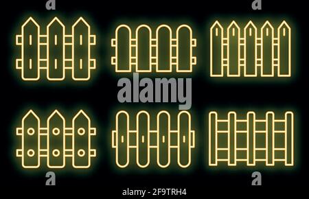 Set di icone di fence. Contorno insieme di icone vettoriali di recinzione colore neon su bianco Illustrazione Vettoriale