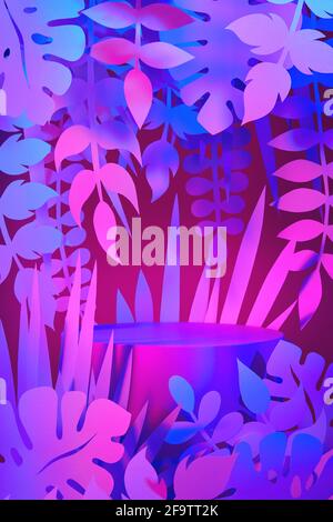 scena colorata al neon con podio vuoto e giungla tagliata di carta foglie di piante Foto Stock