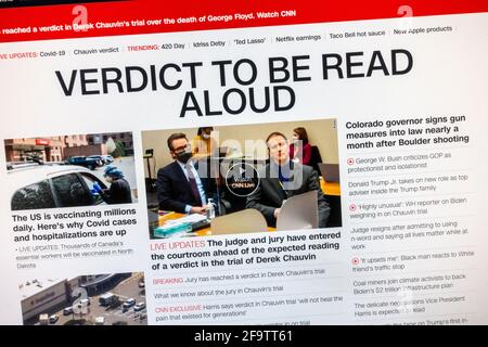 "Verdetto da leggere ad alta voce": Reazione alla condanna di Derek Chauvin per l'omicidio di George Floyd sul sito della CNN, il 20 aprile 2021. Foto Stock