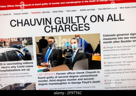 'Chauvin colpevole su tutte le accuse' titolo: Reazione alla condanna di Derek Chauvin per l'omicidio di George Floyd sul sito della CNN, 20 aprile 2021. Foto Stock