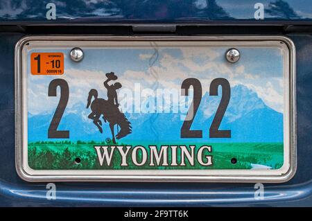 Targa di interesse speciale per Wyoming, Grand Teton National Park e Cowboy, USA Foto Stock