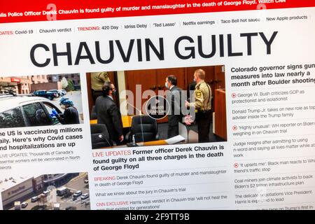 'Chauvin Guilty' titolo: Reazione alla condanna di Derek Chauvin per l'omicidio di George Floyd sul sito della CNN, il 20 aprile 2021. Foto Stock