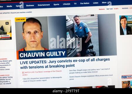 'Chauvin Guilty': Reazione immediata alla condanna di Derek Chauvin per l'omicidio di George Floyd sul sito web di Fox News, 20 aprile 2021. Foto Stock