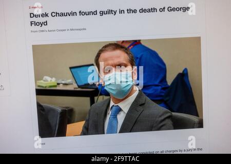 Immediata reazione web alla condanna di Derek Chauvin per l'omicidio di George Floyd sul sito web della NBC News, 20 aprile 2021. Foto Stock