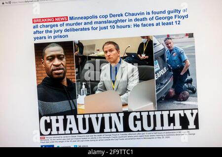 Immediata reazione web alla condanna di Derek Chauvin per l'omicidio di George Floyd sul sito web Daily Mail (mailonline), 20 aprile 2021. Foto Stock