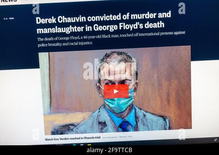 Immediata reazione web alla condanna di Derek Chauvin per l'omicidio di George Floyd sul sito web della NBC News, 20 aprile 2021. Foto Stock