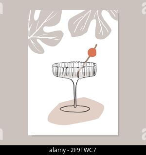 Biglietto d'auguri per la festa estiva, invito con cocktail isolato su sfondo bianco. Bicchiere di champagne con foglie di ciliegia e fico. Vettore Illustrazione Vettoriale