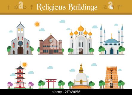Insieme di edifici religiosi Illustrazione vettoriale: Cattolicesimo, Giudaismo, Chiesa ortodossa, Islamismo, Buddismo, Taoismo e Induismo. Illustrazione Vettoriale
