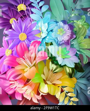 Bouquet di fiori misti colorati. Sfondo decorazione floreale illustrazione 3D. Foto Stock