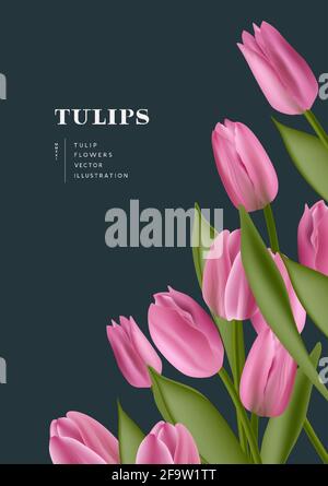 Rosa realistico tulipani fiori sfondo layout. Illustrazione vettoriale del layout contemporaneo. Illustrazione Vettoriale