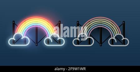 Un arcobaleno al neon con nuvole con stati ON e OFF. Concetto di supporto, amore e tolleranza. Illustrazione vettoriale Illustrazione Vettoriale