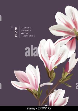 Naturale magnolia fiori realistici design contemporaneo di invito layout. Evento marketing motivo floreale sfondo illustrazione vettoriale. Illustrazione Vettoriale