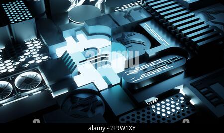 Hardware a criptovaluta e tecnologia Bitcoin mining. Illustrazione 3D Foto Stock