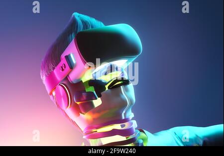 Uomo surreale futuristico con visore per realtà virtuale, illustrazione 3D dello stile di vita VR. Foto Stock