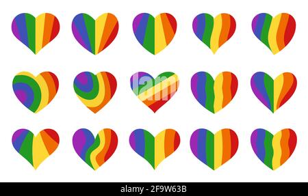 Set di icone lgbt Love. Cuori simmetrici arcobaleno. Romantico gay astratto varie forme collezione. Elemento decorativo per scheda invito. Isolato su un'illustrazione vettoriale bianca in uno stile piatto. Illustrazione Vettoriale