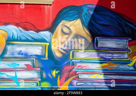 PLOVDIV, BULGARIA, 7 APRILE 2015: Graffiti di ragazza che giace su un mucchio di libri nella città bulgara di plovdiv. Foto Stock