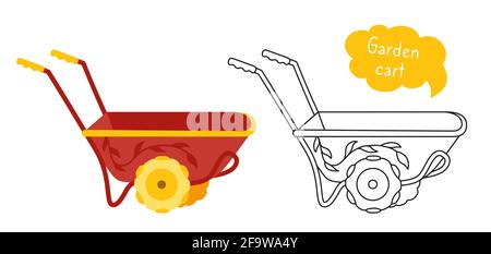 Icona della linea nera del cartoon del carrello da giardino. Utensili per carriola attività all'aperto scavo. Simbolo dell'attrezzatura di lavoro. Giardinaggio rurale, raccolta di attrezzature per la costruzione. Illustrazione vettoriale del giardino disegnata a mano Illustrazione Vettoriale