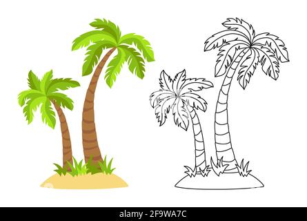 Isola tropicale con palme fumetto piatto e set di linee. Palme da cocco elemento di design natura. Albero disegnato a mano maturo e giovane foresta di piante. Illustrazione vettoriale isolata Illustrazione Vettoriale