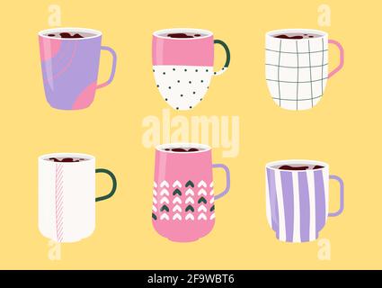 Collezione tazze colorate in ceramica. Set icone di tazze con vari ornamenti riempito con bevande, tè caldo o caffè. Doodle astratto, pattern lineare su coppa. Design in stile cartoon piatto. Illustrazione vettoriale Illustrazione Vettoriale