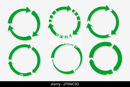Set di icone per il riciclaggio di adesivi rotondi in carta verde piatta. Ruota il simbolo della freccia circolare con l'ombra. Eco rotazione, elemento infografico per il web, app. Logo etichetta per l'utilizzo di risorse riciclate. Illustrazione vettoriale Illustrazione Vettoriale